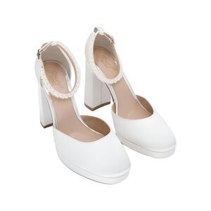Jewel Badgley Mischka Ivory Satin Pearl Block Heel Pumps Size 11M